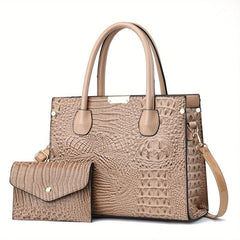 Crocodile Pattern Handbag Set - Stylish Tote Bag With Clutch