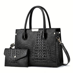Crocodile Pattern Handbag Set - Stylish Tote Bag With Clutch