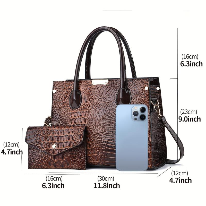 Crocodile Pattern Handbag Set - Stylish Tote Bag With Clutch