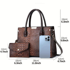 Crocodile Pattern Handbag Set - Stylish Tote Bag With Clutch