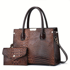 Crocodile Pattern Handbag Set - Stylish Tote Bag With Clutch