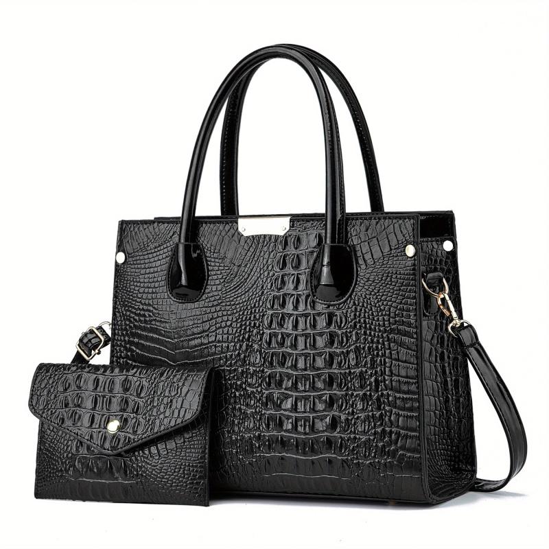 Crocodile Pattern Handbag Set - Stylish Tote Bag With Clutch