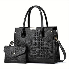 Crocodile Pattern Handbag Set - Stylish Tote Bag With Clutch