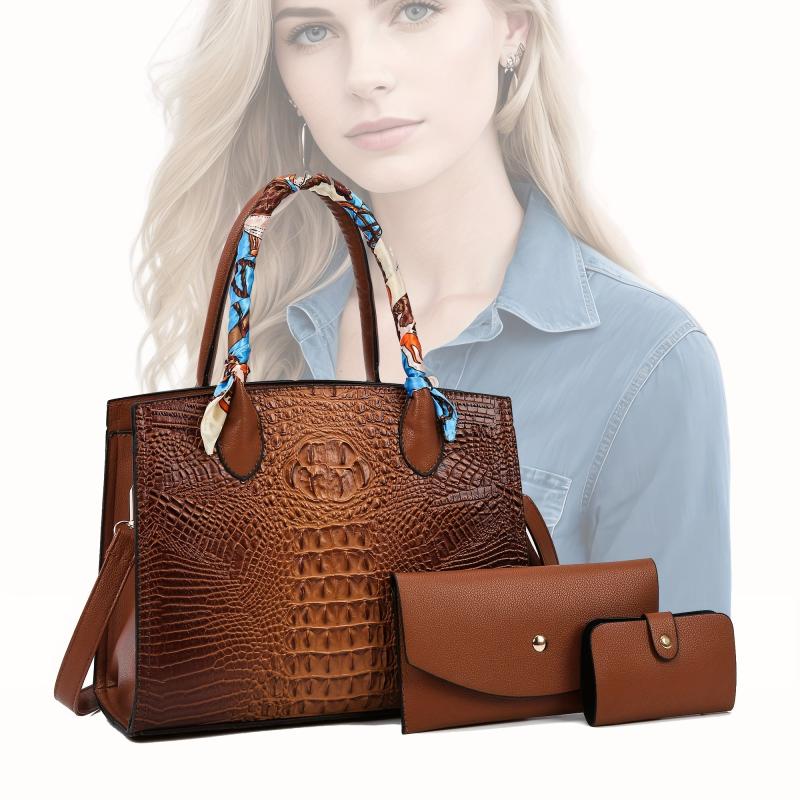 3PCS Crocodile Embossed Tote Bag Set Stylish Shoulder Bag for Office