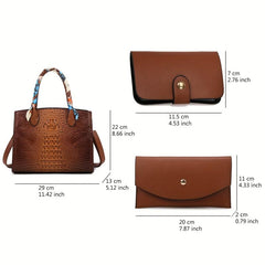 3PCS Crocodile Embossed Tote Bag Set Stylish Shoulder Bag for Office