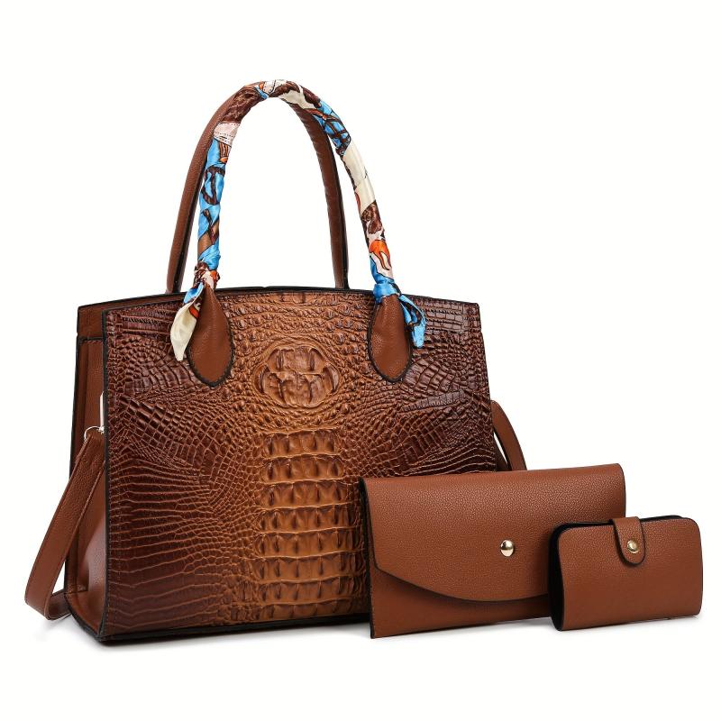 3PCS Crocodile Embossed Tote Bag Set Stylish Shoulder Bag for Office