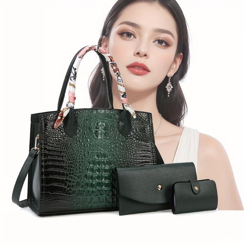 3PCS Crocodile Embossed Tote Bag Set Stylish Shoulder Bag for Office