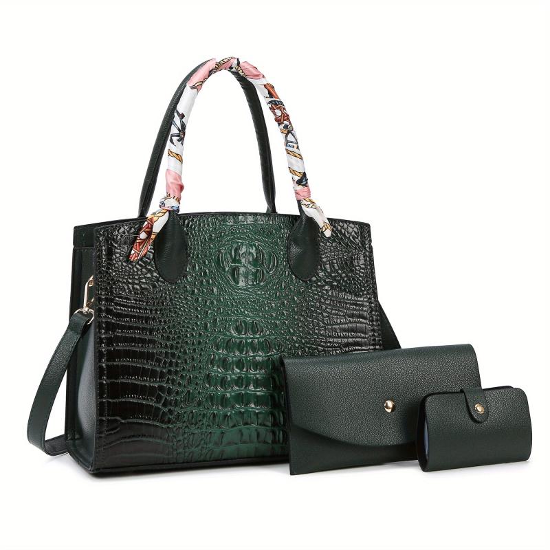 3PCS Crocodile Embossed Tote Bag Set Stylish Shoulder Bag for Office