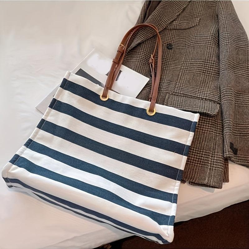 Striped Pattern Canvas Tote Bag Lightweight Shoulder Bag