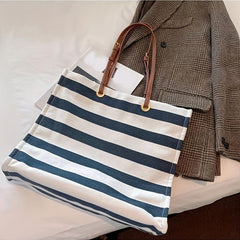 Striped Pattern Canvas Tote Bag Lightweight Shoulder Bag