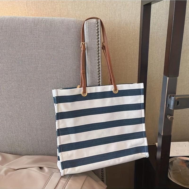 Striped Pattern Canvas Tote Bag Lightweight Shoulder Bag