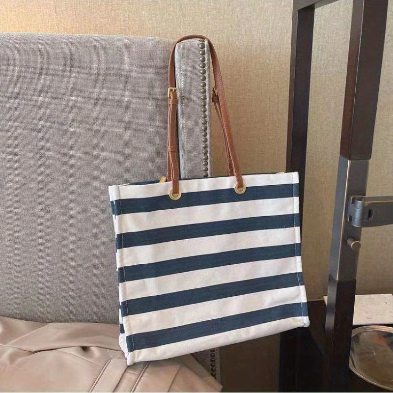 Striped Pattern Canvas Tote Bag Lightweight Shoulder Bag