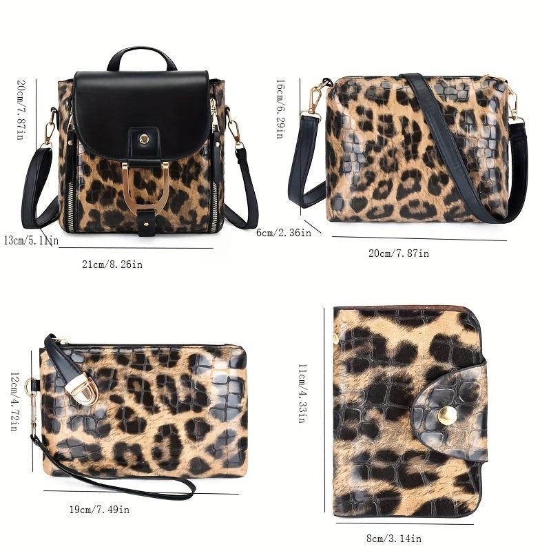 Leopard Print Bag Set: Backpack, Crossbody Bag & Clutch Purse