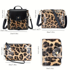 Leopard Print Bag Set: Backpack, Crossbody Bag & Clutch Purse