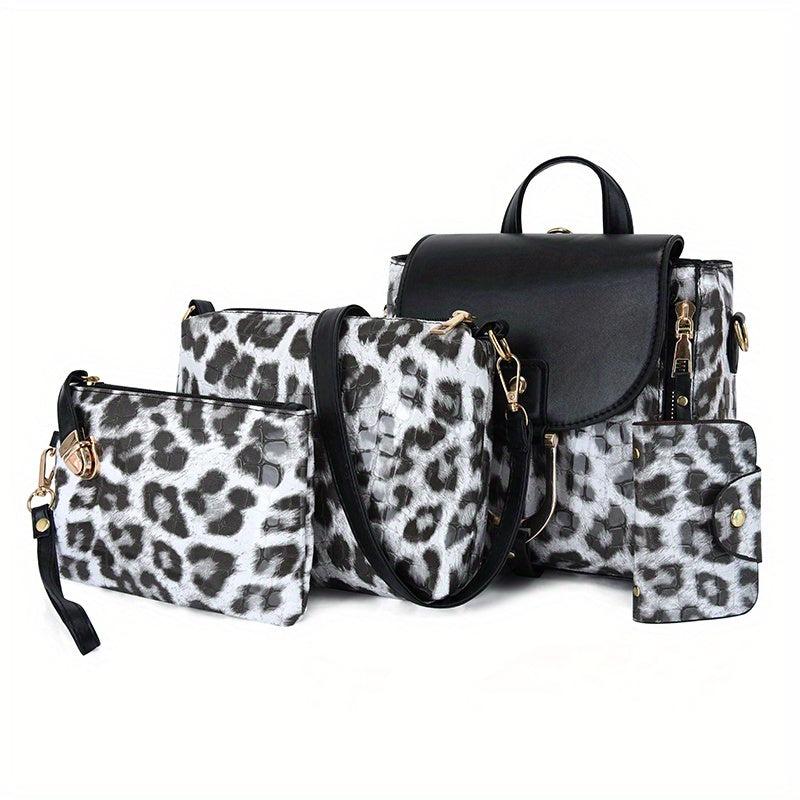 Leopard Print Bag Set: Backpack, Crossbody Bag & Clutch Purse