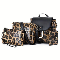 Leopard Print Bag Set: Backpack, Crossbody Bag & Clutch Purse