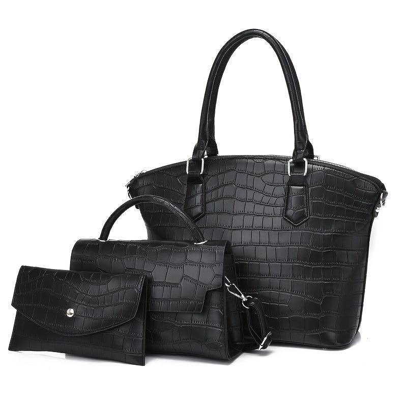 Crocodile Embossed Bag Set Large Capacity Handbag, Crossbody & Coin