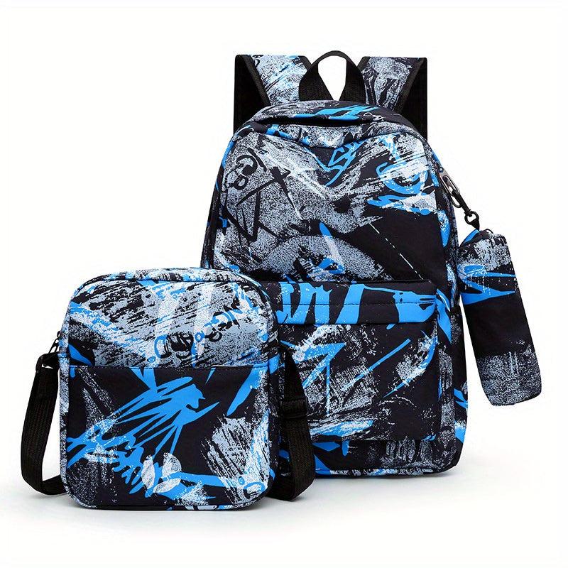 3Pcs Geometric Pattern Backpack Set with Crossbody Bag & Pencil Case