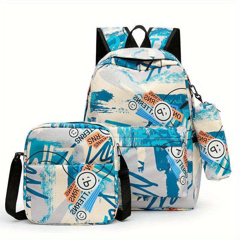 3Pcs Geometric Pattern Backpack Set with Crossbody Bag & Pencil Case