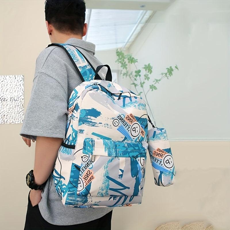 3Pcs Geometric Pattern Backpack Set with Crossbody Bag & Pencil Case