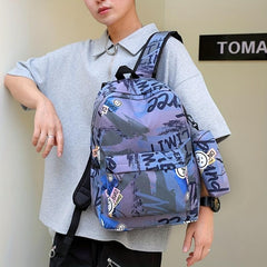 3Pcs Geometric Pattern Backpack Set with Crossbody Bag & Pencil Case