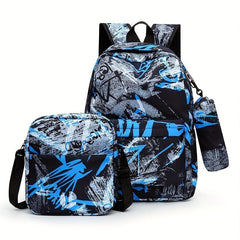 3Pcs Geometric Pattern Backpack Set with Crossbody Bag & Pencil Case