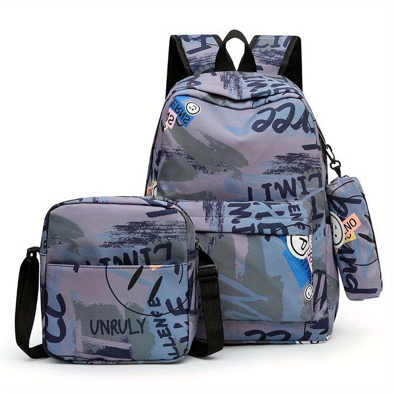 3Pcs Geometric Pattern Backpack Set with Crossbody Bag & Pencil Case