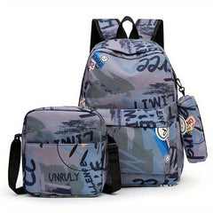 3Pcs Geometric Pattern Backpack Set with Crossbody Bag & Pencil Case