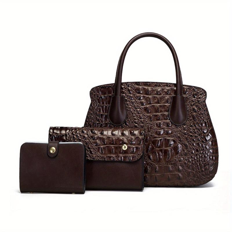 Crocodile Embossed Bag Set: Tote Bag, Clutch Purse & Card Holder