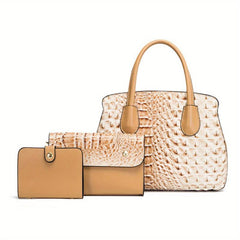 Crocodile Embossed Bag Set: Tote Bag, Clutch Purse & Card Holder