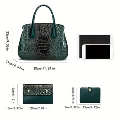 Crocodile Embossed Bag Set: Tote Bag, Clutch Purse & Card Holder