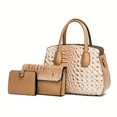 Crocodile Embossed Bag Set: Tote Bag, Clutch Purse & Card Holder
