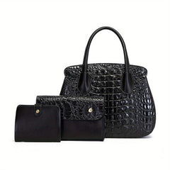 Crocodile Embossed Bag Set: Tote Bag, Clutch Purse & Card Holder