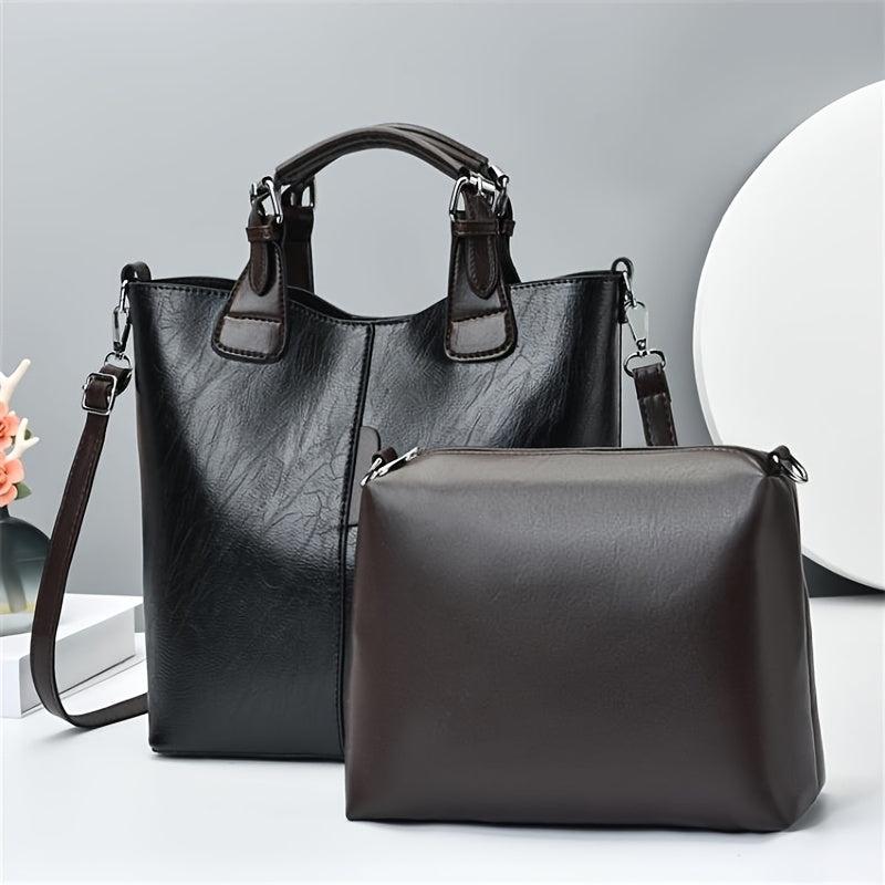 2pcs Faux Leather Tote Bag Set Large Capacity Shoulder Bag