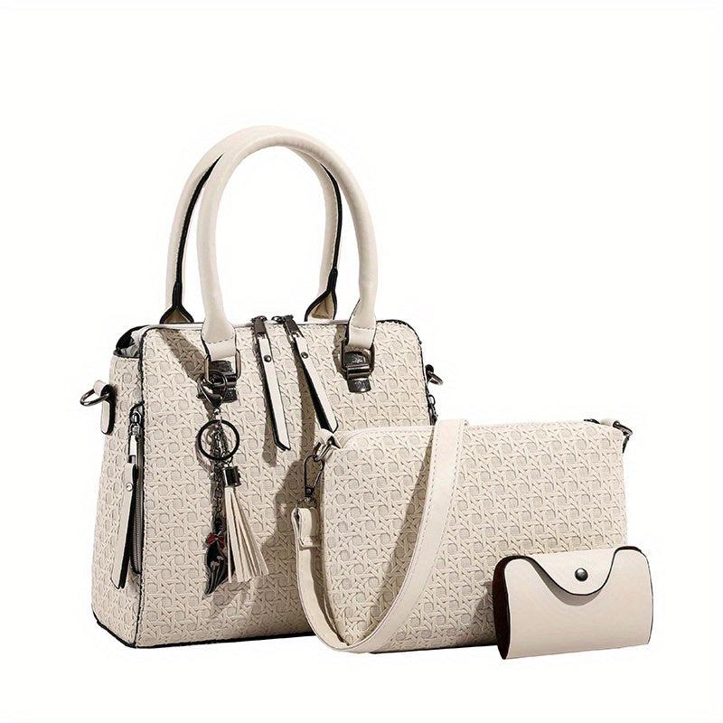 3pcs Braided Embossed Handbag Set Women's Tote Bag With Crossbody Bag Purse