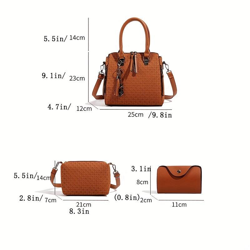 3pcs Braided Embossed Handbag Set Women's Tote Bag With Crossbody Bag Purse