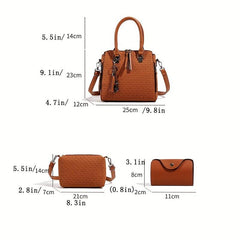 3pcs Braided Embossed Handbag Set Women's Tote Bag With Crossbody Bag Purse