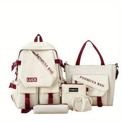 5 Pcs Colorblock Preppy Bag Set Backpack Shoulder Crossbody Pouch Drawstring