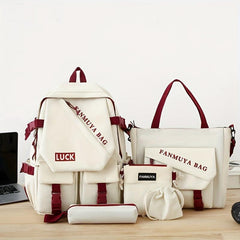 5 Pcs Colorblock Preppy Bag Set Backpack Shoulder Crossbody Pouch Drawstring
