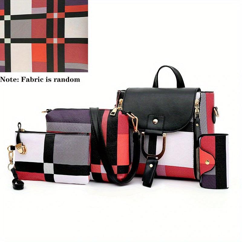 Plaid Pattern 4pcs Women's Purse Set Backpack, Shoulder Bag, Clutch, Card Holder
