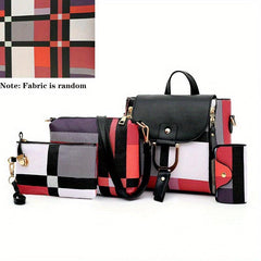 Plaid Pattern 4pcs Women's Purse Set Backpack, Shoulder Bag, Clutch, Card Holder