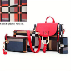 Plaid Pattern 4pcs Women's Purse Set Backpack, Shoulder Bag, Clutch, Card Holder
