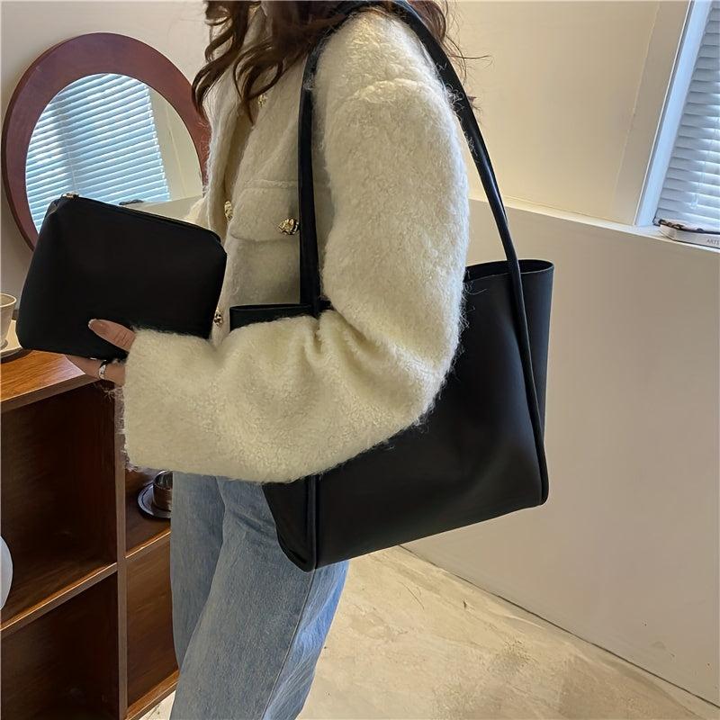 Large Capacity Textured Tote Bag PU Leather Lightweight Shoulder Bag