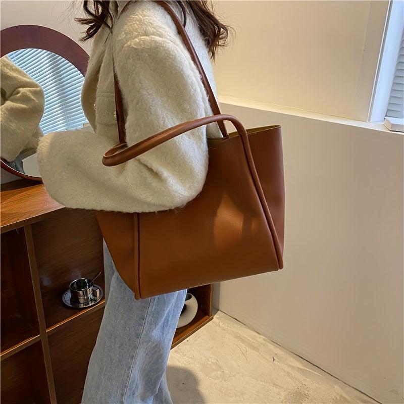 Large Capacity Textured Tote Bag PU Leather Lightweight Shoulder Bag