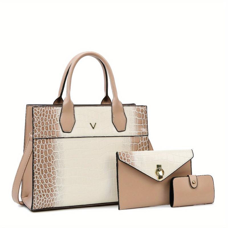 3pcs Crocodile Pattern Tote Bag Set Large Handbag Crossbody Clutch Purse