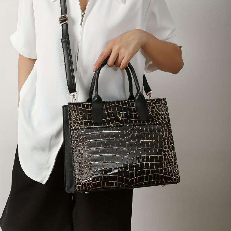 3pcs Crocodile Pattern Tote Bag Set Large Handbag Crossbody Clutch Purse