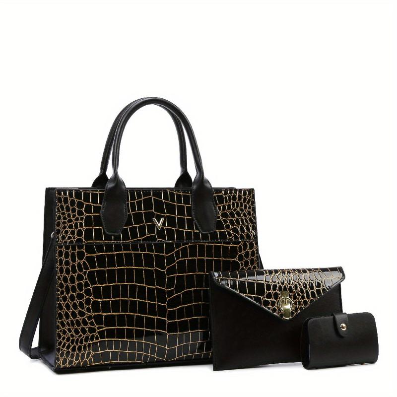 3pcs Crocodile Pattern Tote Bag Set Large Handbag Crossbody Clutch Purse