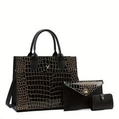 3pcs Crocodile Pattern Tote Bag Set Large Handbag Crossbody Clutch Purse