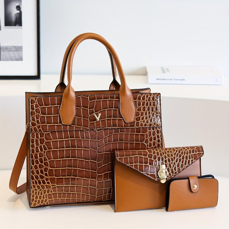 3pcs Crocodile Pattern Tote Bag Set Large Handbag Crossbody Clutch Purse