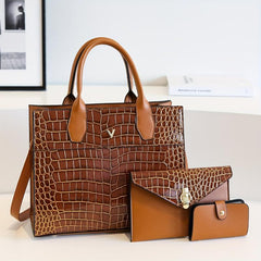 3pcs Crocodile Pattern Tote Bag Set Large Handbag Crossbody Clutch Purse